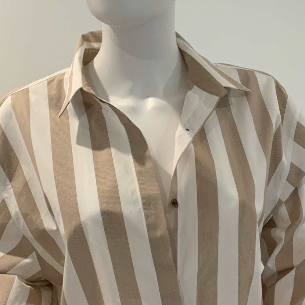 Lafayette 148 New York Tan and White Striped Women's Button Down Shirt.